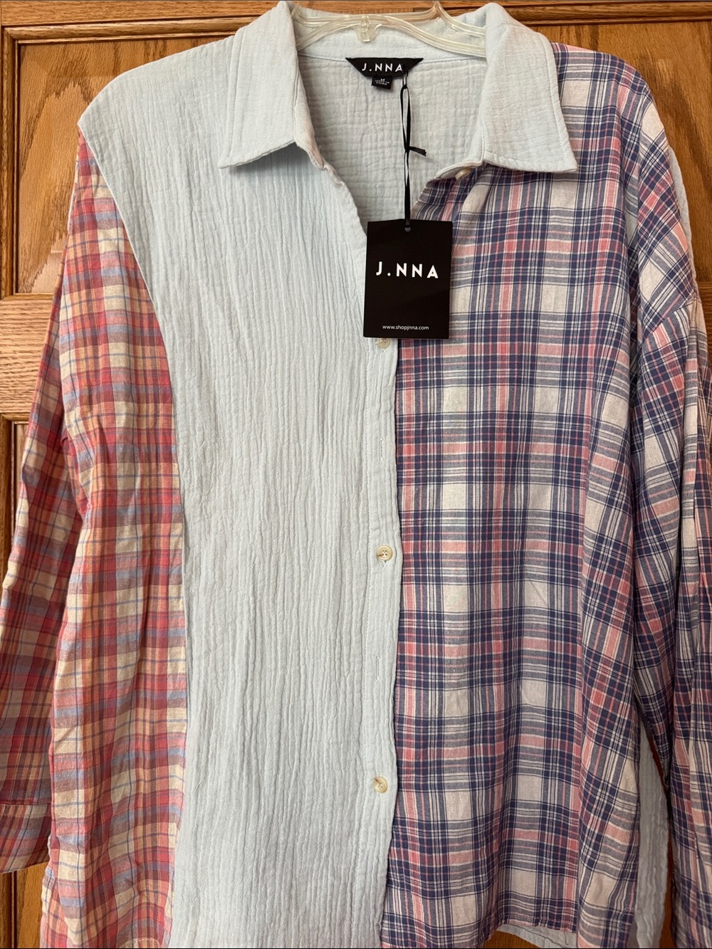 J. NNA Women’s Patchwork Button-Up Shirt in Light Blue and Pink Plaid